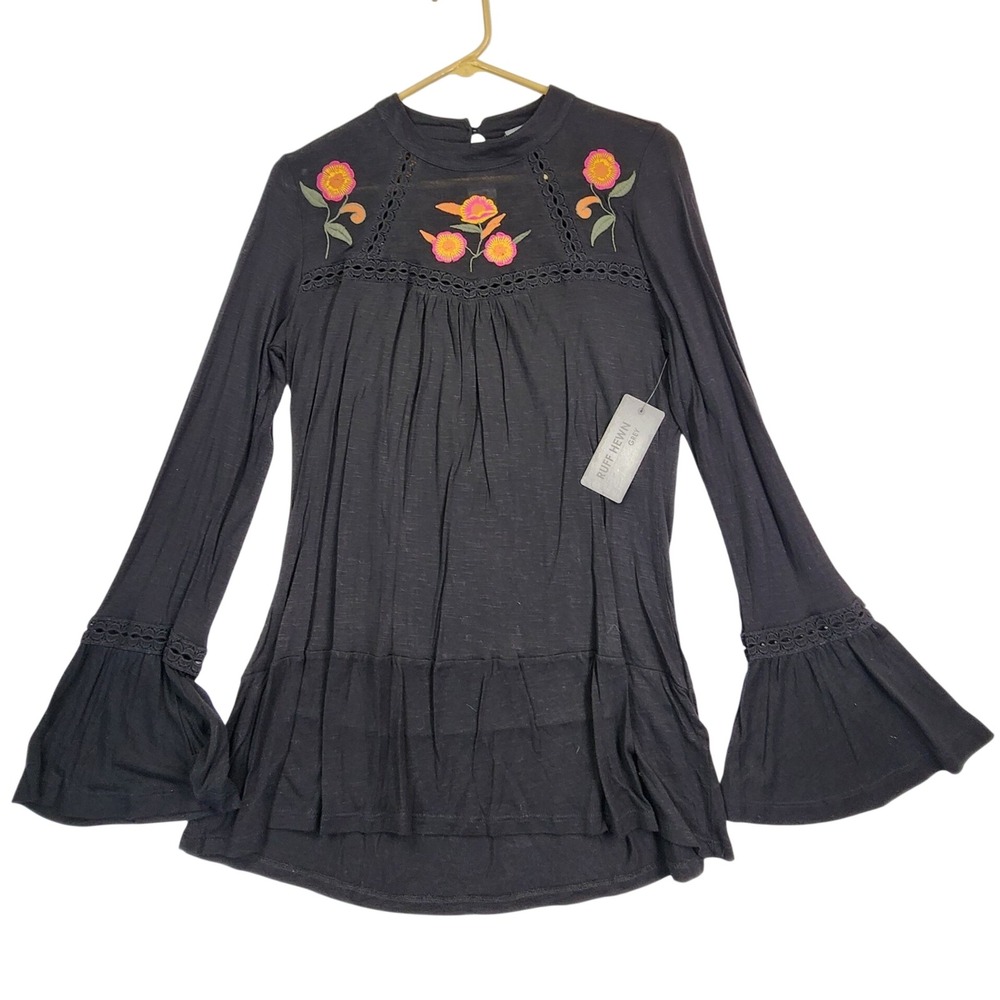 Ruff Hewn Black Floral Embroidered Boho Tunic M Peasant Bell Sleeve Crochet‎ NEW
